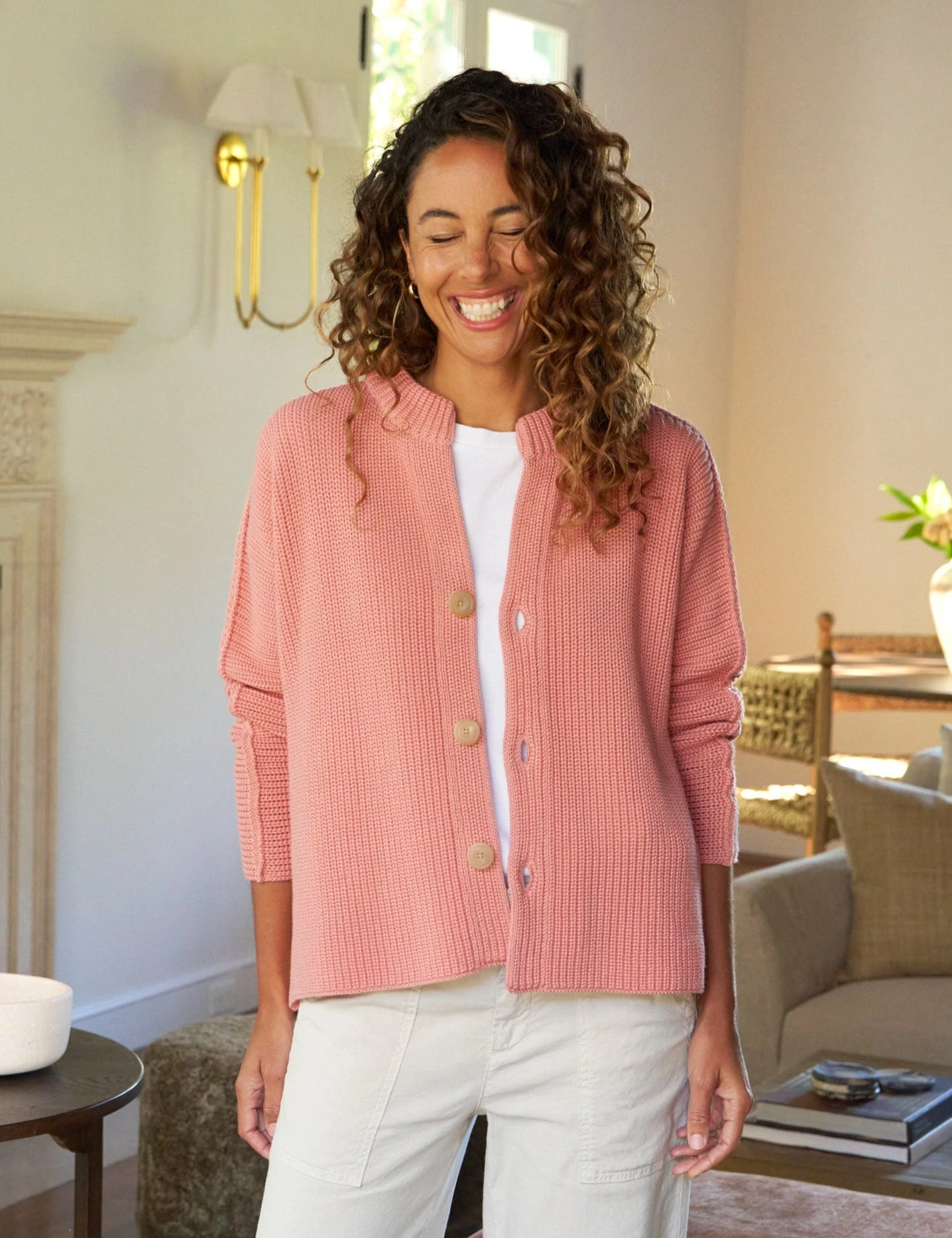 MONTECITO CARDIGAN Apricot, Pure Italian Cotton 1 MONTECITO CARDIGAN Apricot, Pure Italian Cotton
