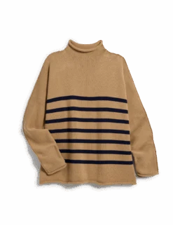MONTEREY Camel With Navy Stripe, Pure Italian Cotton -Frank Eileen Fashion Store SWEATER01 CNSK